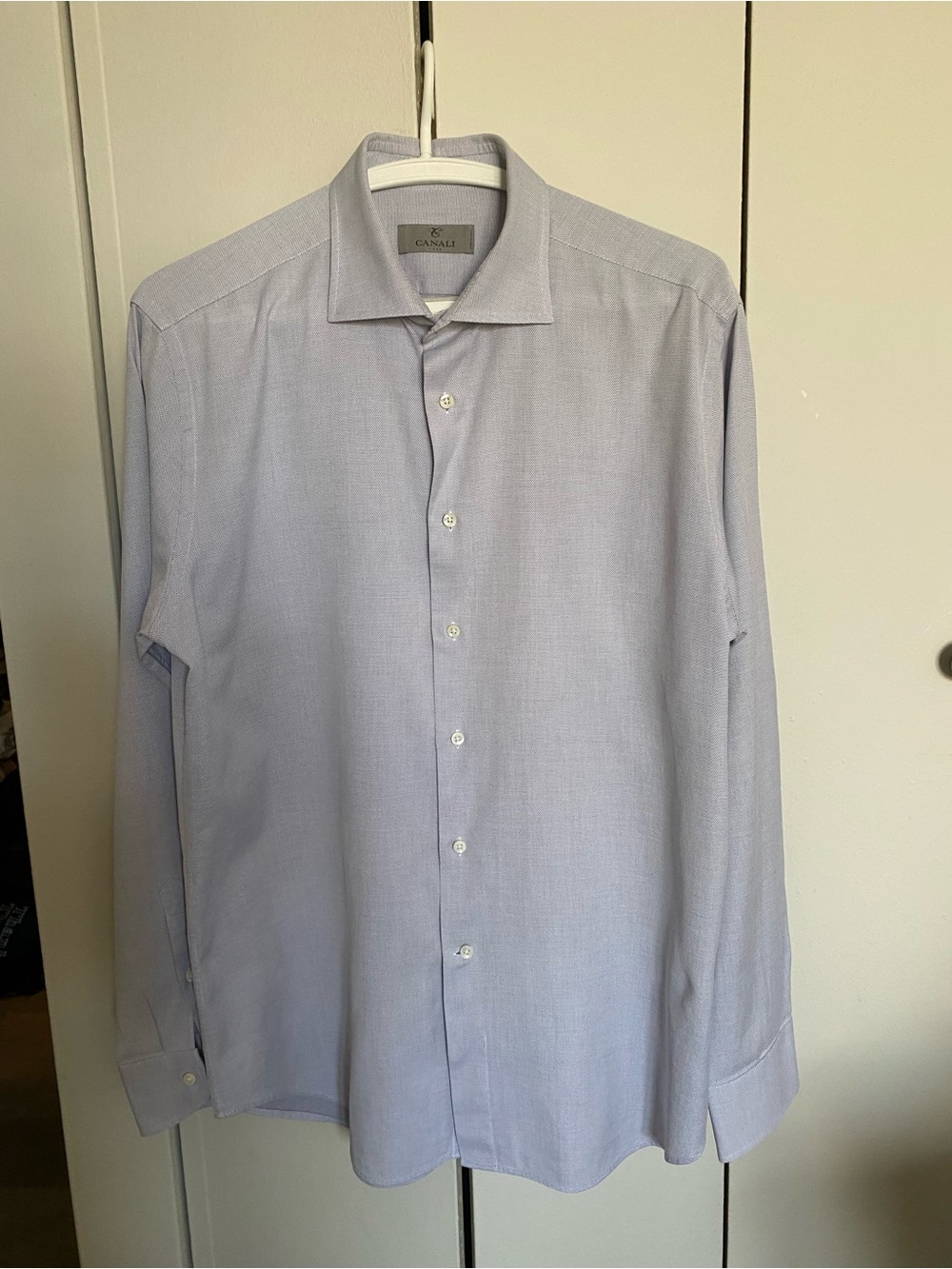 Canali Men’s 16.5/42 100% Cotton Dress Shirt Made in Italy — Light Blue Textured